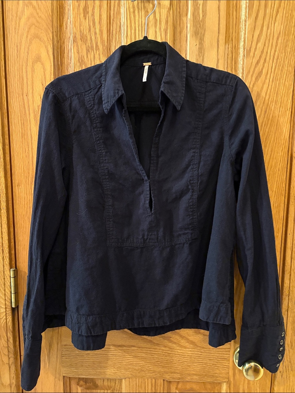 Free People Black Collared Split V-Neck Pullover Blouse